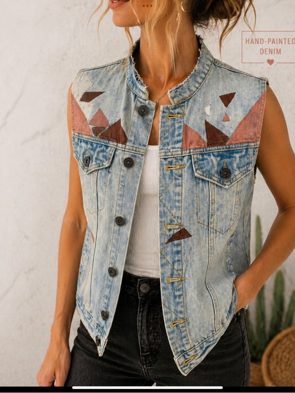Hand Painted Denim Vest Wearable Art Geometric Streetwear Festival Boho Small